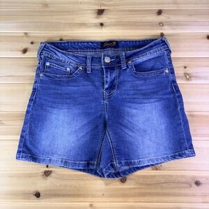 Seven7 Jean Shorts Womens 8 Embroidered Pocket Mid Rise Denim Blue Jean Shorts